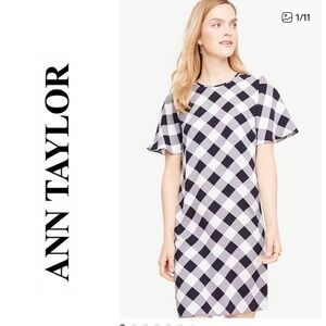 Ann Taylor Gingham Ruffle Sleeve Shift Dress Black/White Size 10
